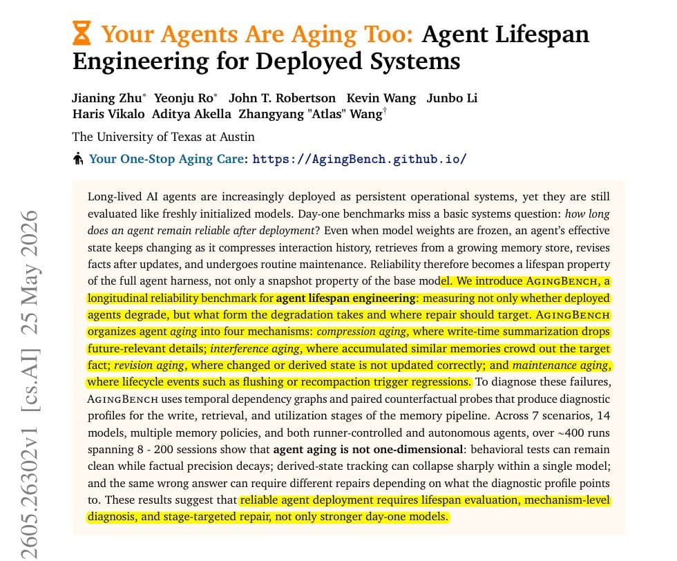 Researchers at University of Texas present AgingBench benchmark on a screen, with AI agent memory bars declining…