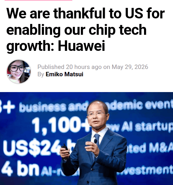 Chinese Huawei chairman Xu Zhijun at a tech event, gesturing as he thanks US sanctions, with a projected roadmap…