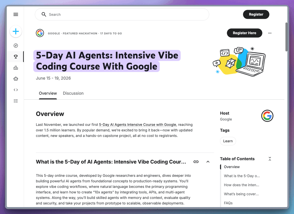 Google AI course interface on a laptop screen showing '5-Day AI Agents' with a 'Join' button and a coding window…