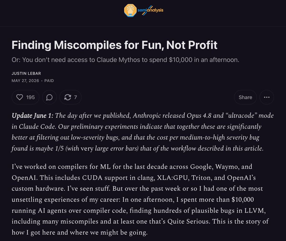 SemiAnalysis logo and chart showing bug-finding cost dropping fivefold with Anthropic Opus 4.8, alongside Claude…