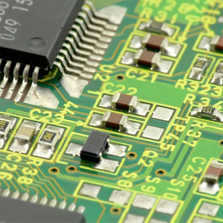 A circuit board densely packed with tiny electronic components, including rows of MLCC capacitors, surrounded by…