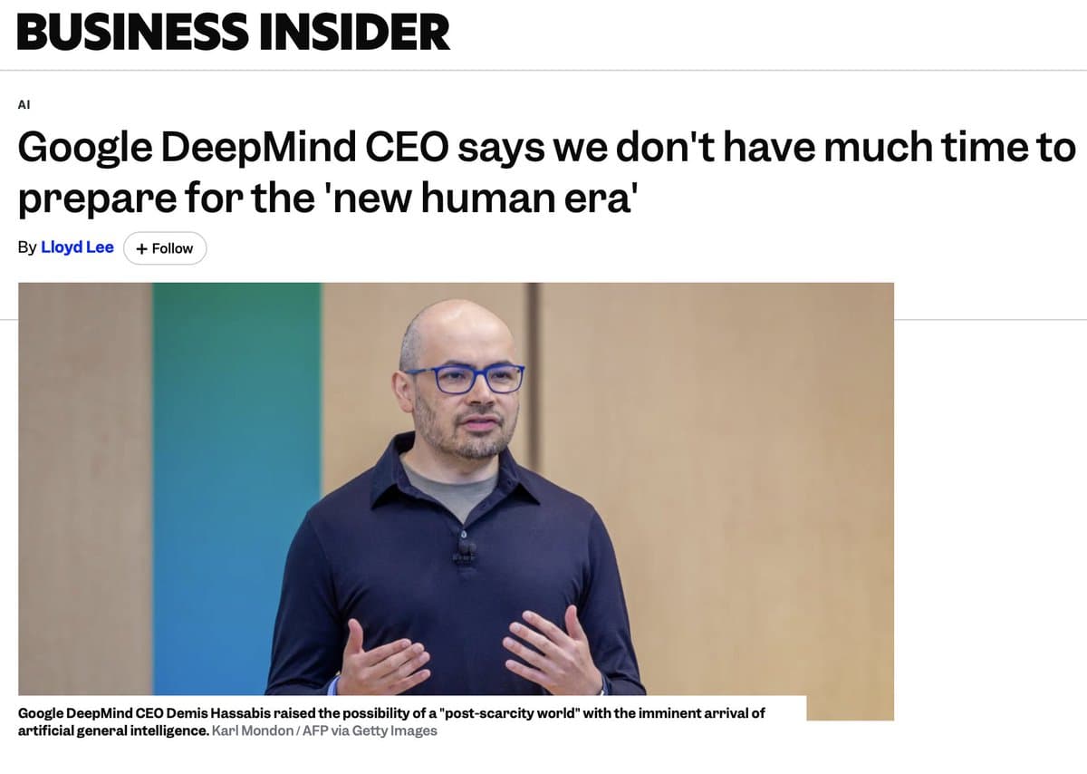 Demis Hassabis, Google DeepMind CEO, speaking at a conference with a serious expression, gesturing while discussing…