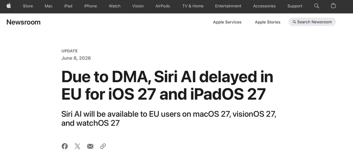 Apple executive Craig Federighi speaking at a podium, with a slide showing iOS and EU Digital Markets Act logo…