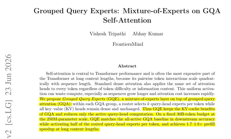 Two stacked line charts compare attention cost and prefill speed between standard and Grouped Query Experts methods…