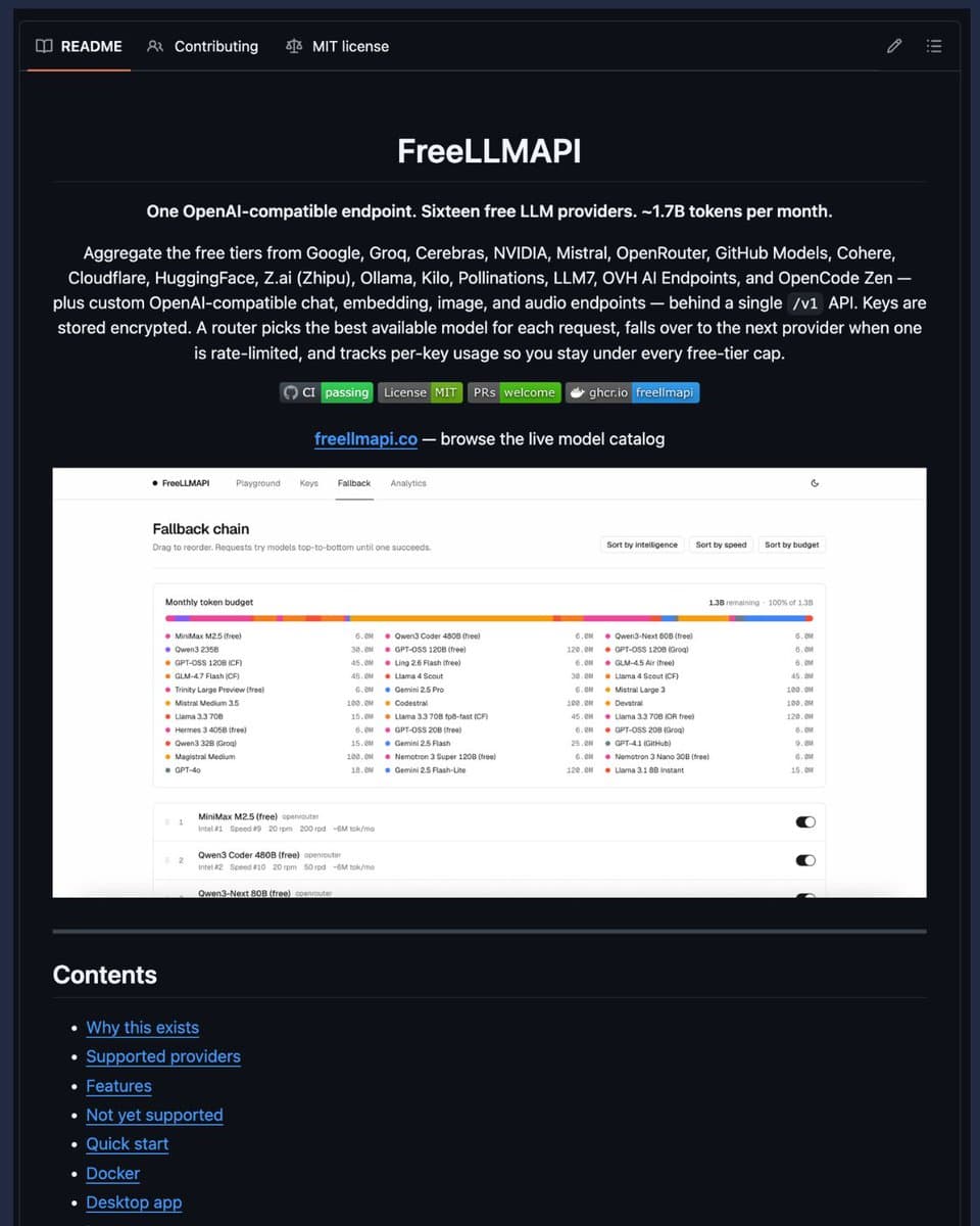 Dashboard showing 1.7 billion token allocation across 11 LLM providers with routing and fallover indicators