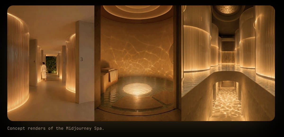 A sleek spa interior with warm lighting, a person relaxing in a circular hot tub, and a high-tech ultrasound scanner…