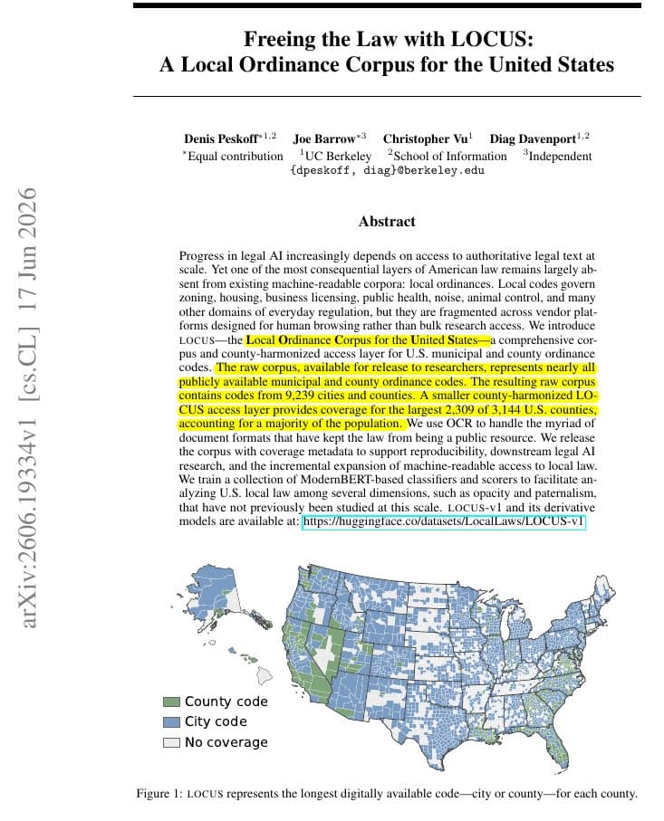 A laptop screen displays the HuggingFace dataset page for LOCUS-v1, showing 2.2M US laws, with code and data tables…