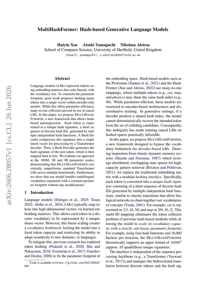 A diagram showing multiple hash IDs replacing traditional token embeddings in a Transformer architecture, with…