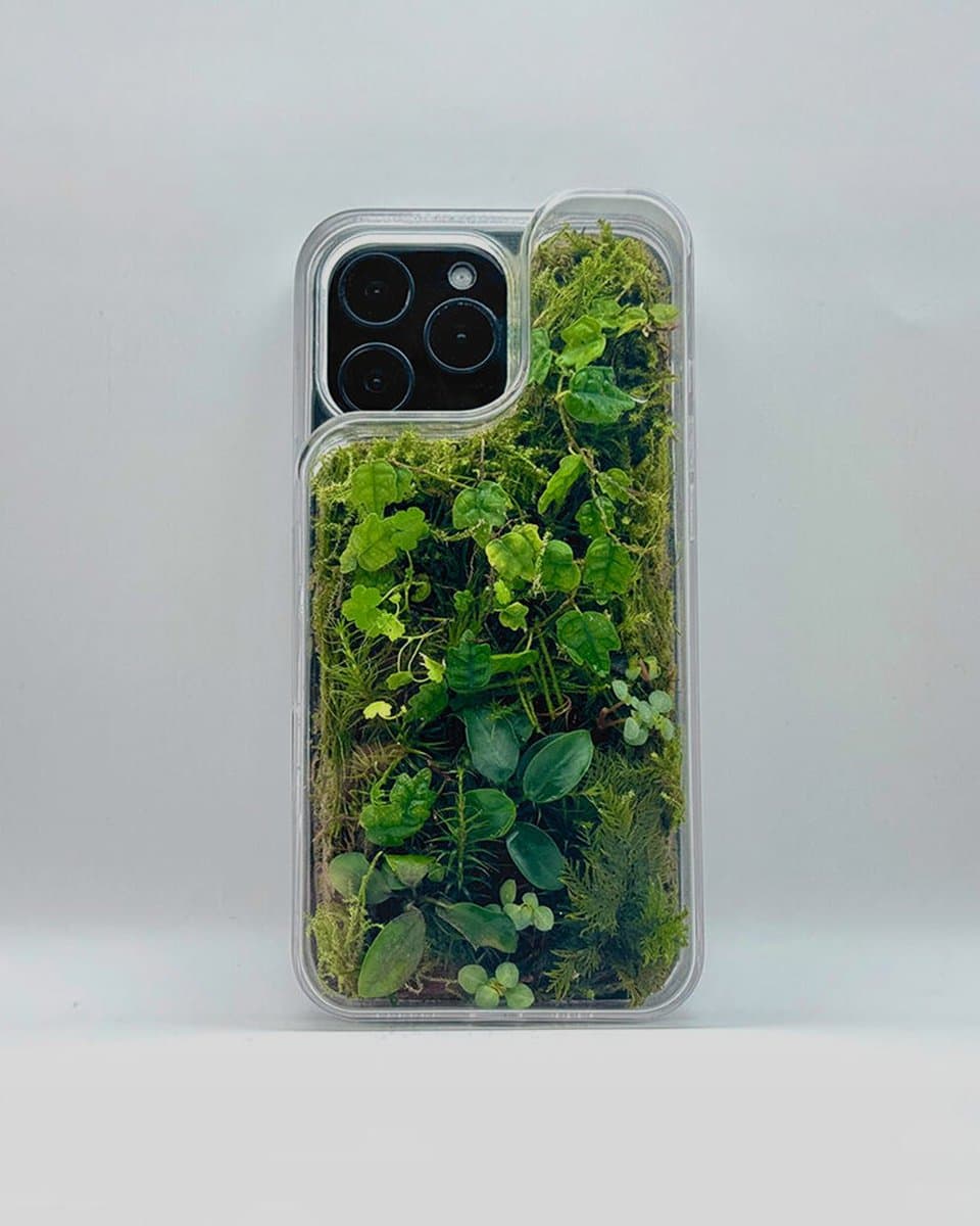 A transparent phone case encases a miniature terrarium with vibrant green moss, soil, and small plants, designed by…