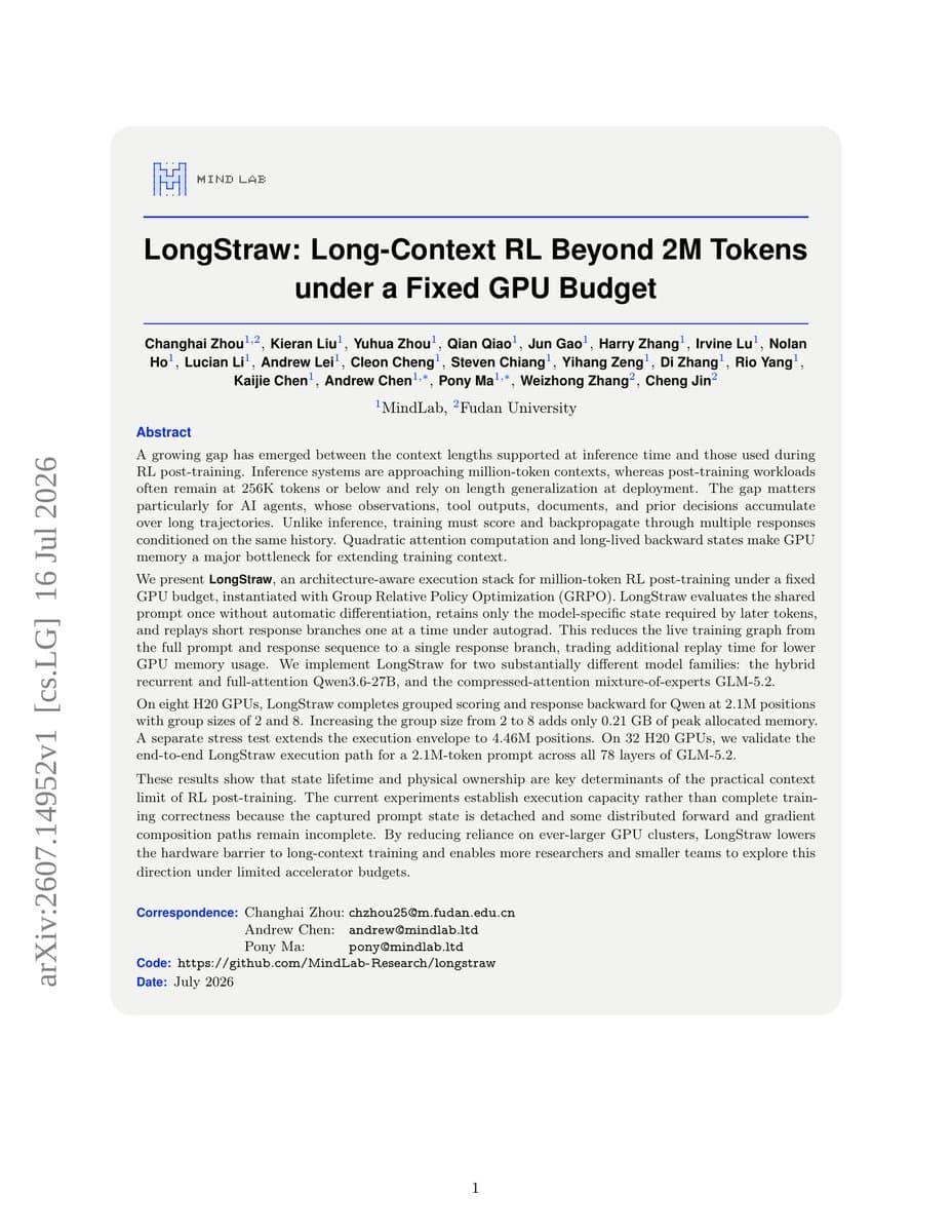 Diagram showing LongStraw's branch replay method on 8 H20 GPUs reaching 2.1M token positions for RL post-training