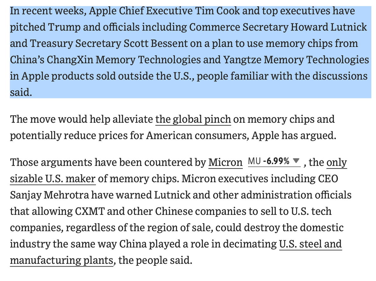 Tim Cook in a suit speaks with a Trump administration official at a White House meeting, with a Micron semiconductor…