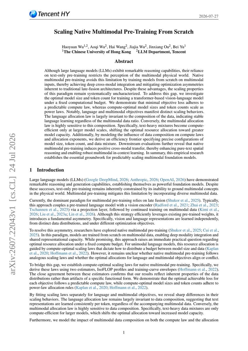 Researchers analyzing a chart comparing scaling laws for native multimodal VLMs versus language-only models on a…