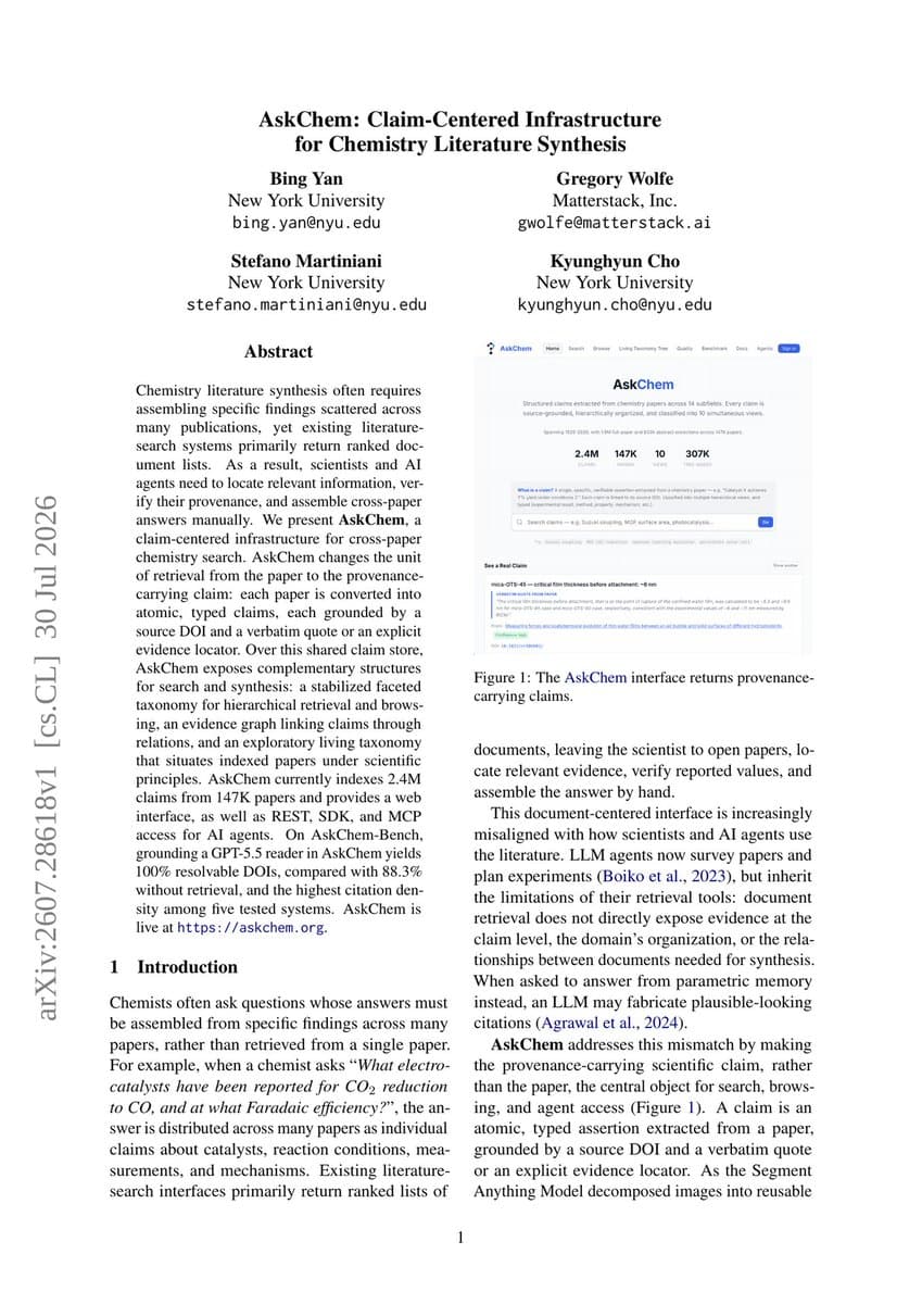 Scientist at a computer screen displaying a chemistry search interface with highlighted citation claims and DOI links