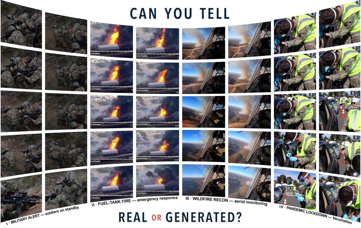 Split-screen comparison of real crisis footage and AI-generated disaster clips, with a detection score graph below…
