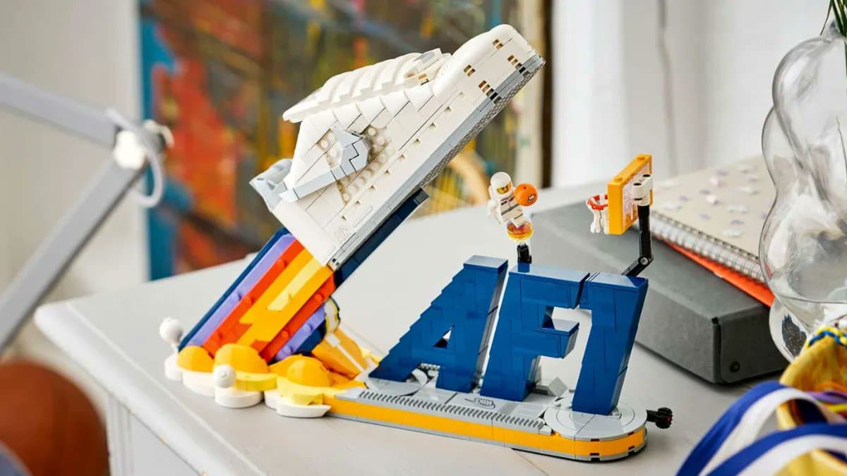 White LEGO brick sneaker replica on display with Nike swoosh, aimed at adult collectors