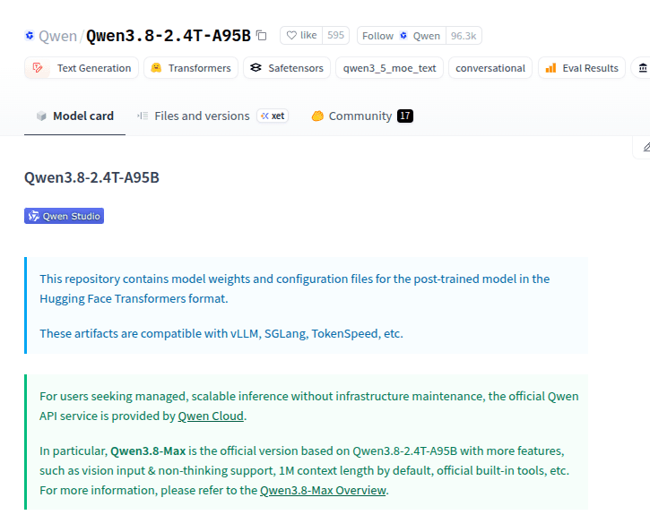 Laptop screen displaying Hugging Face model page for Qwen3.8 with download stats, code editor and terminal in background