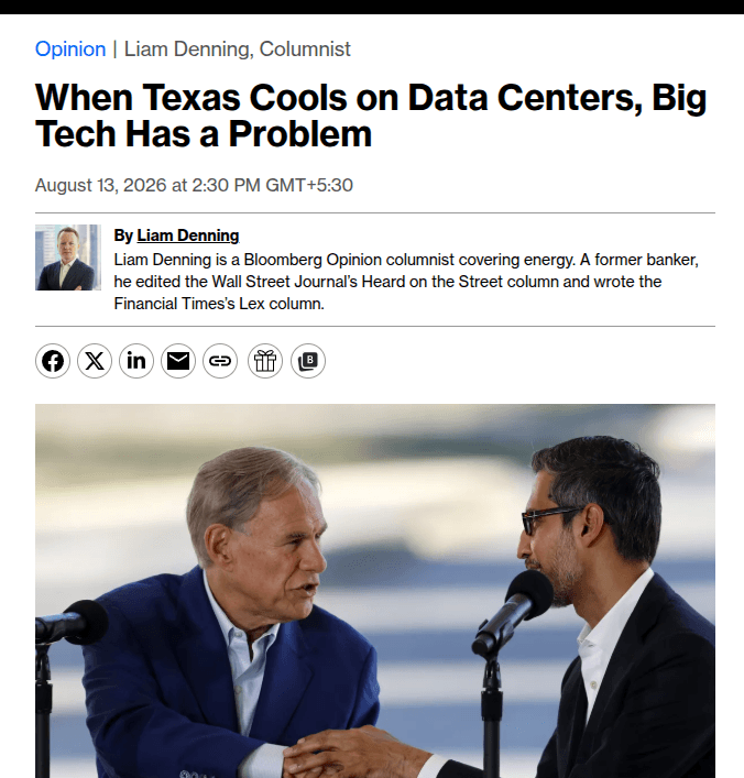 Texas Governor Greg Abbott at a podium signing an executive order, with a map of the state power grid and data…