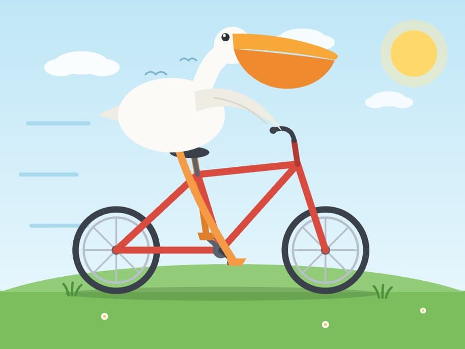 A stylized pelican pedaling a bicycle rendered in vibrant digital art, displayed on a laptop screen inside a cozy…