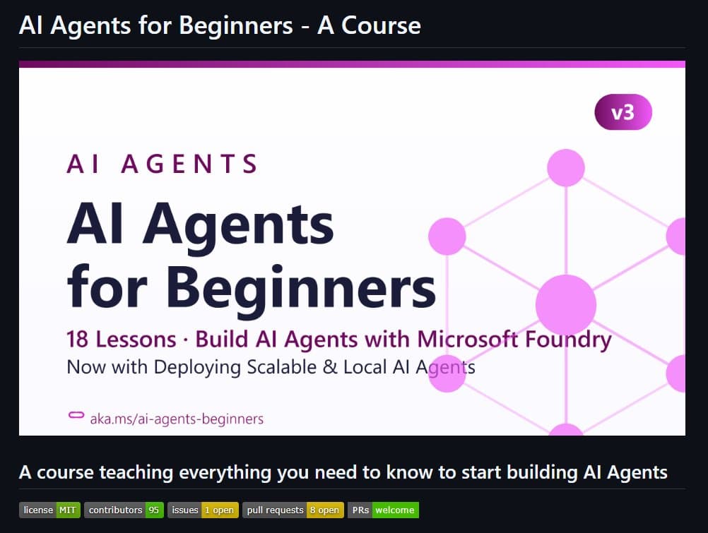 Laptop displaying a GitHub repository page for Microsoft's AI Agents course, with a code editor and chat interface…
