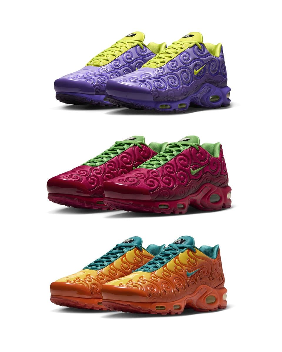 Sneaker display featuring Nike Air Max Plus shoes with One Piece-inspired orange and blue colorway, showcased in a…