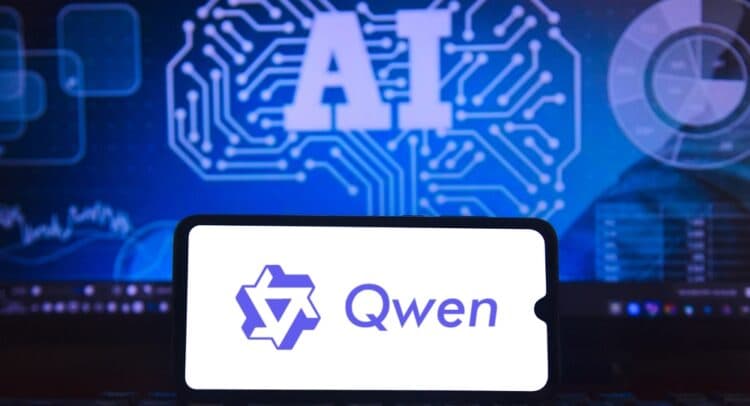 Alibaba executive presents Qwen 3.5 Omni voice AI on screen at tech event, highlighting global market competition