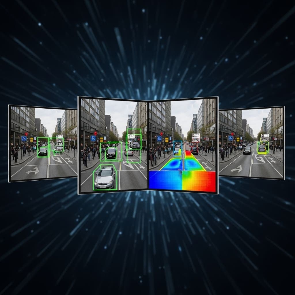 A satellite orbits Earth while a security camera and robotic arm process data on a local device, showcasing…
