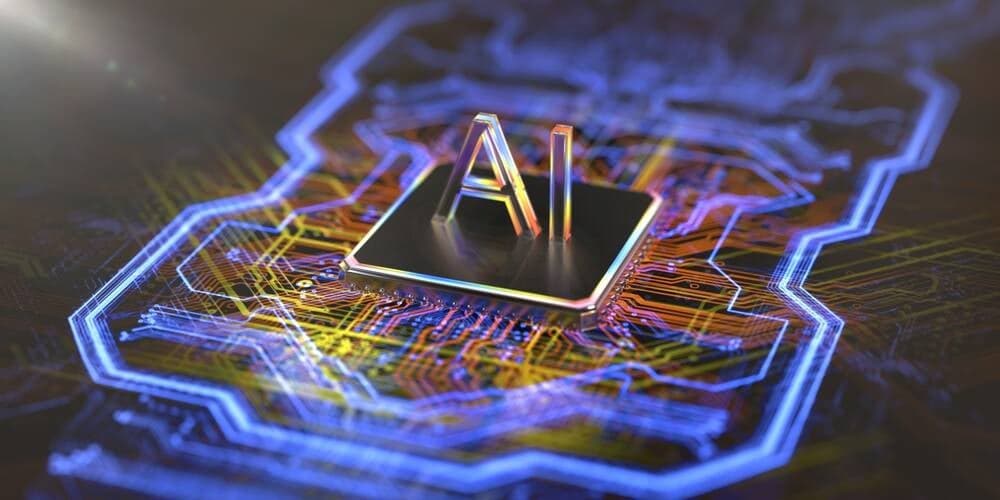 A glowing AI chip with circuits and data streams, surrounded by smaller startup chips, symbolizing competition…