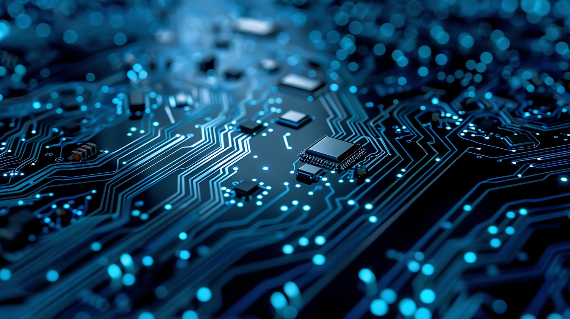 A close-up of a semiconductor wafer with glowing circuit patterns, surrounded by blurred laboratory equipment and…
