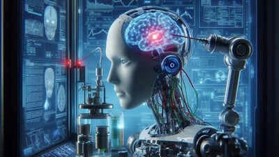 Researcher holds a compact circuit board next to a small wheeled robot, with a laptop displaying code and charts on…