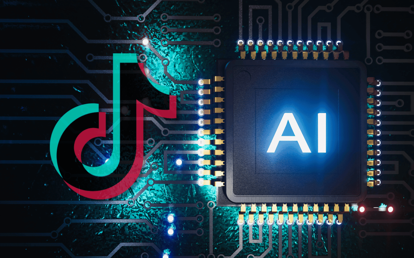 Two engineers in a server room examine a large custom CPU chip designed for AI inference, with TikTok's logo visible…