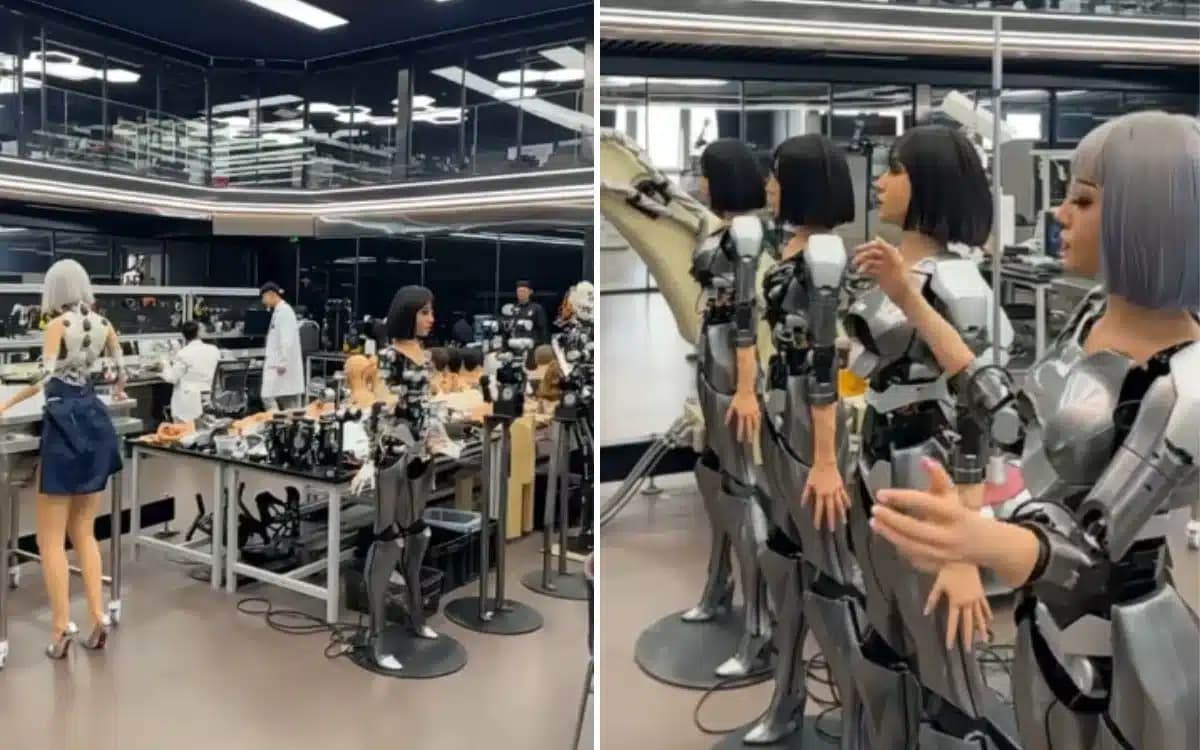 Humanoid robots being assembled by robotic arms on a fully automated production line in a high-tech Foshan factory…