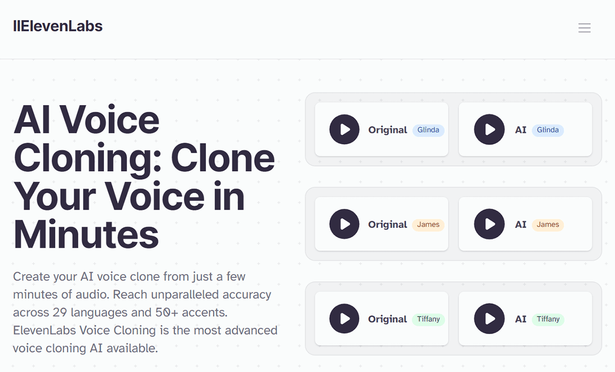 Pricing table showing ElevenLabs voice cloning API tiers from $5 to $1,320 per month, with developer and business…