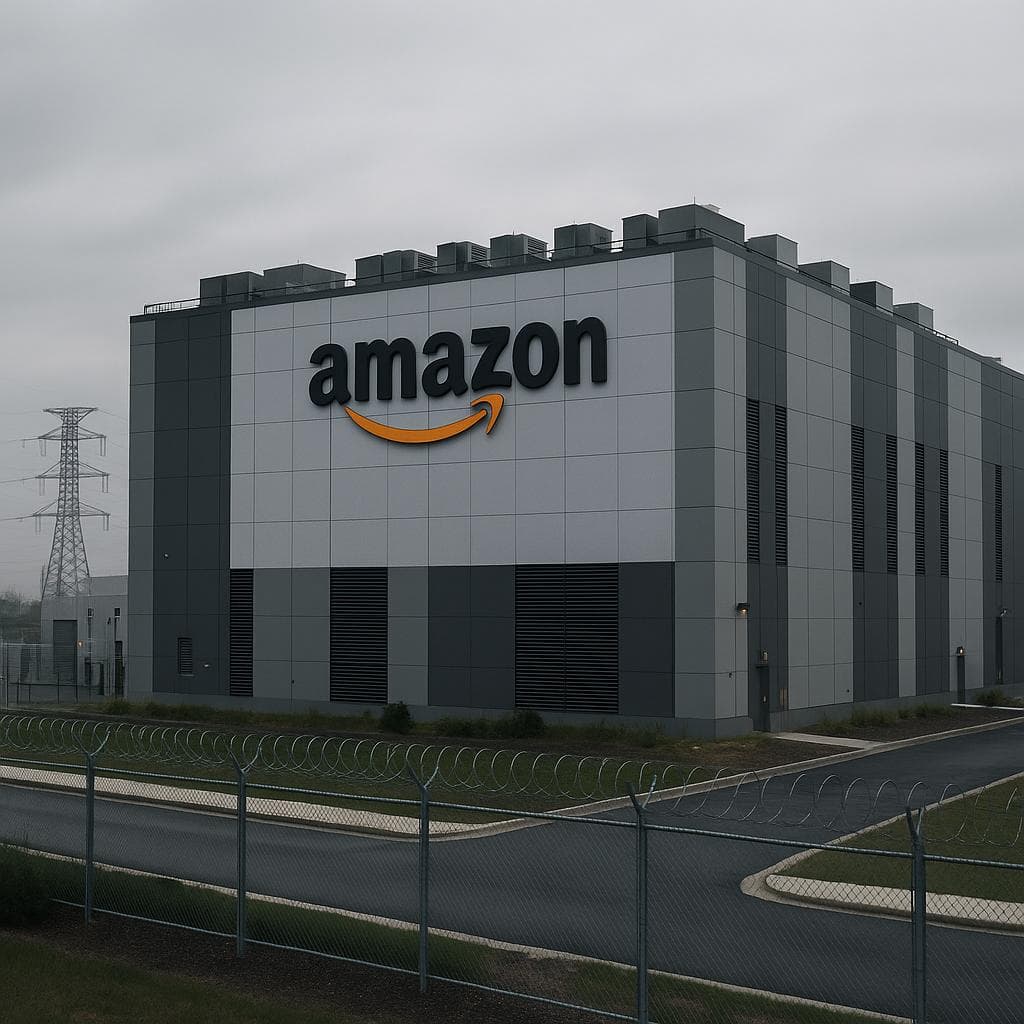 Construction cranes and workers beside a massive concrete data center building under a cloudy sky, with Amazon logo…