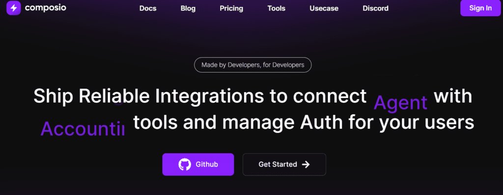Dashboard interface showing Composio's secure tool platform for AI agents, with icons for connected external…