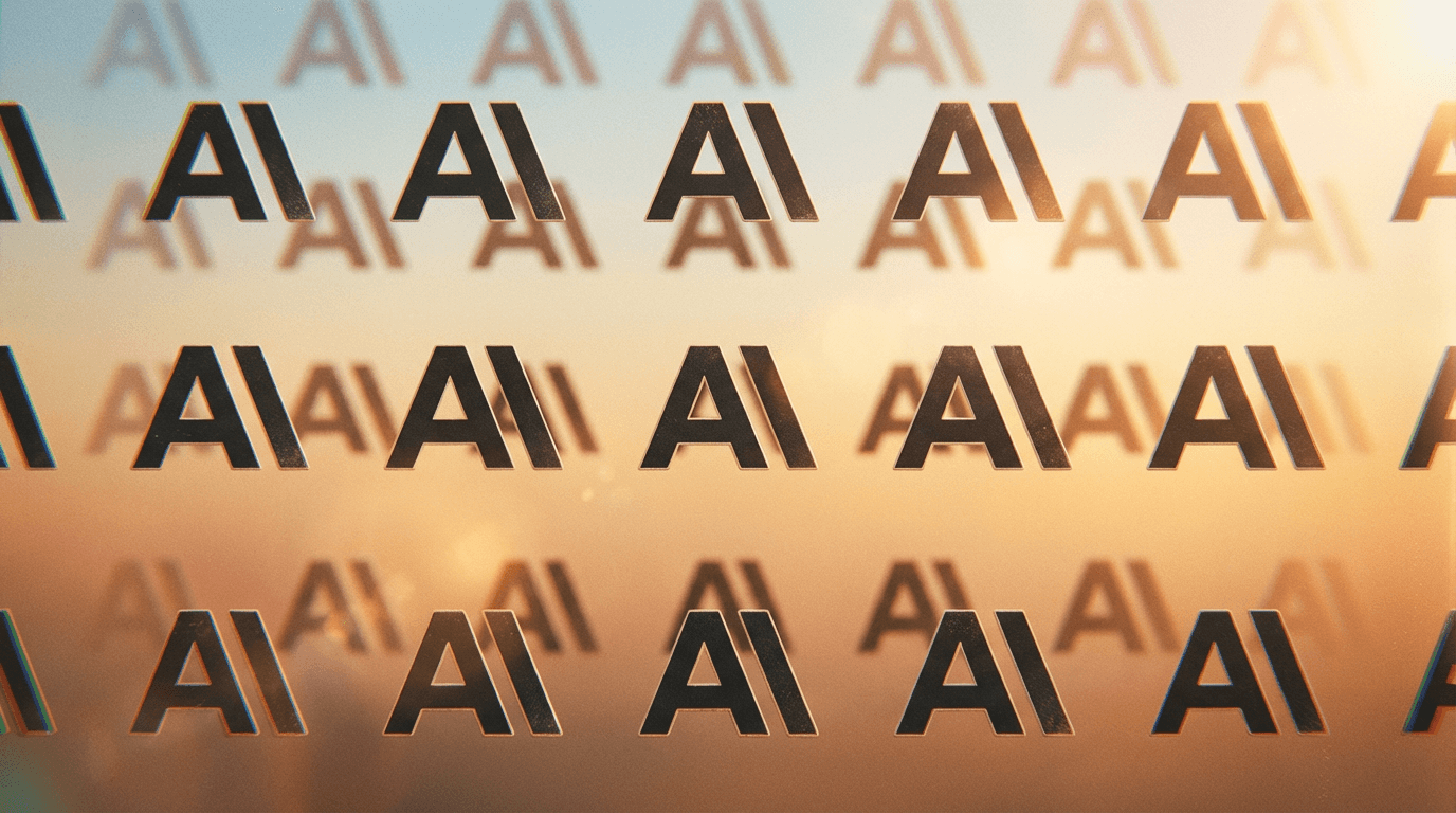 A person stares at a sleek laptop screen displaying fluent AI text, appearing convinced, while a subtle shadow of a…