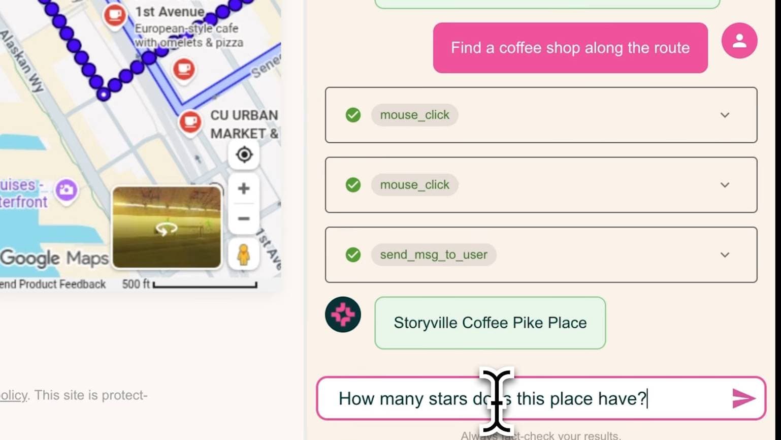 Screenshot of a web browser interface showing MolmoWeb AI agent navigating a YouTube page, with highlighted action…