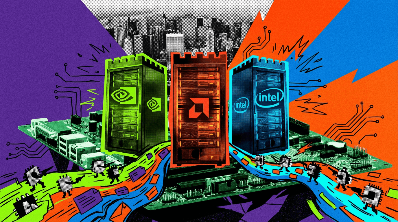 Data center filled with rows of Nvidia Blackwell Ultra GPU servers, cables lit, as engineers monitor MLPerf…
