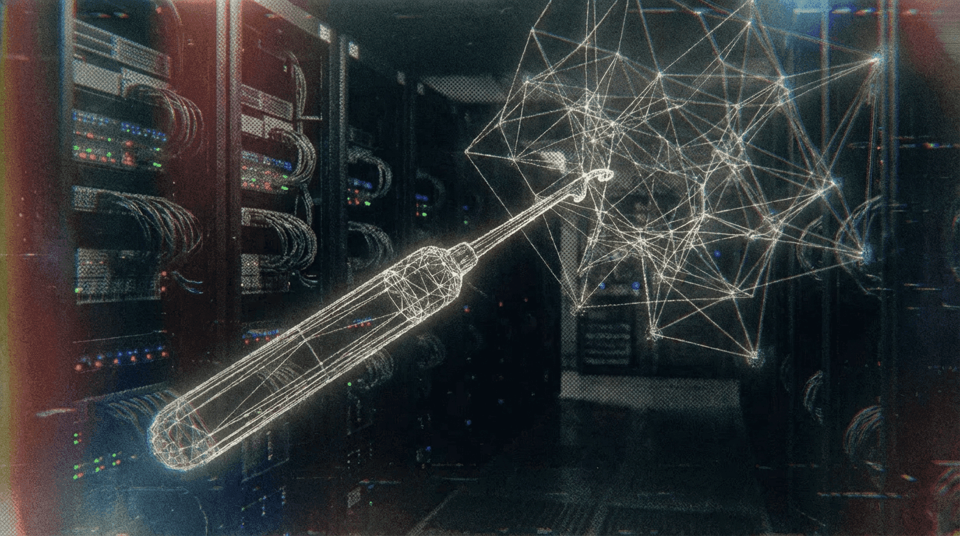 A neural network shaped like a lockpick attempting to bypass a digital lock, symbolizing AI agent vulnerabilities…