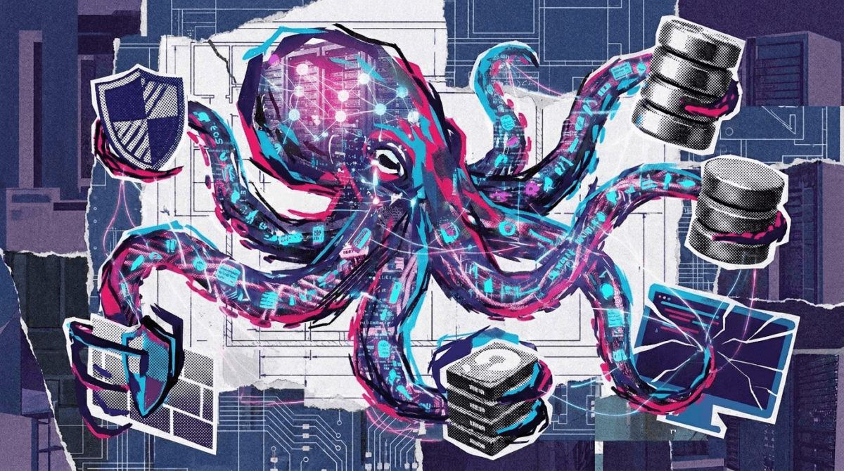 Two large AI language model profile icons faced off across a glowing digital network map, with red and blue attack…