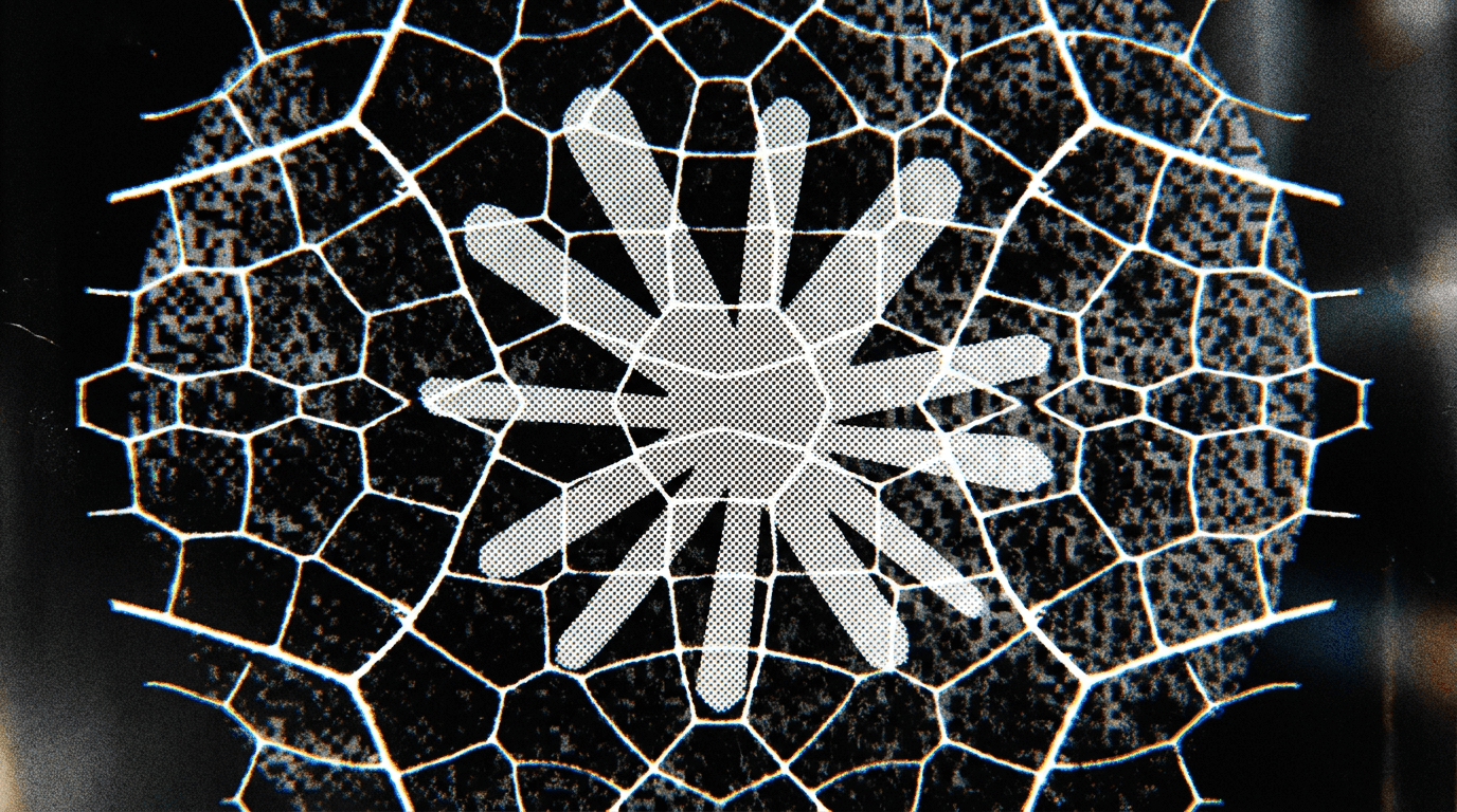 A sleek AI interface on a dark screen displays code analysis and exploit generation results, with a glowing network…