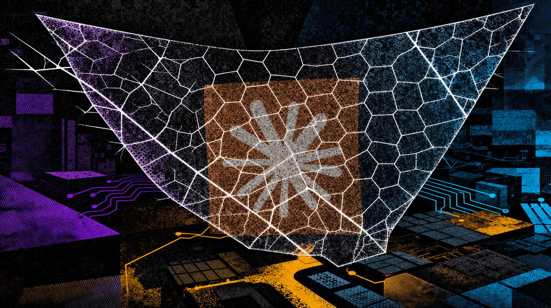 A glowing blue digital shield with a mythical winged figure in the center, surrounded by abstract network lines and…