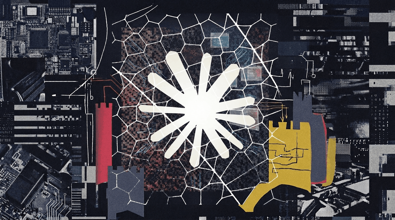A large glass butterfly with glowing circuit patterns hovers over a dark digital network map, symbolizing AI-driven…