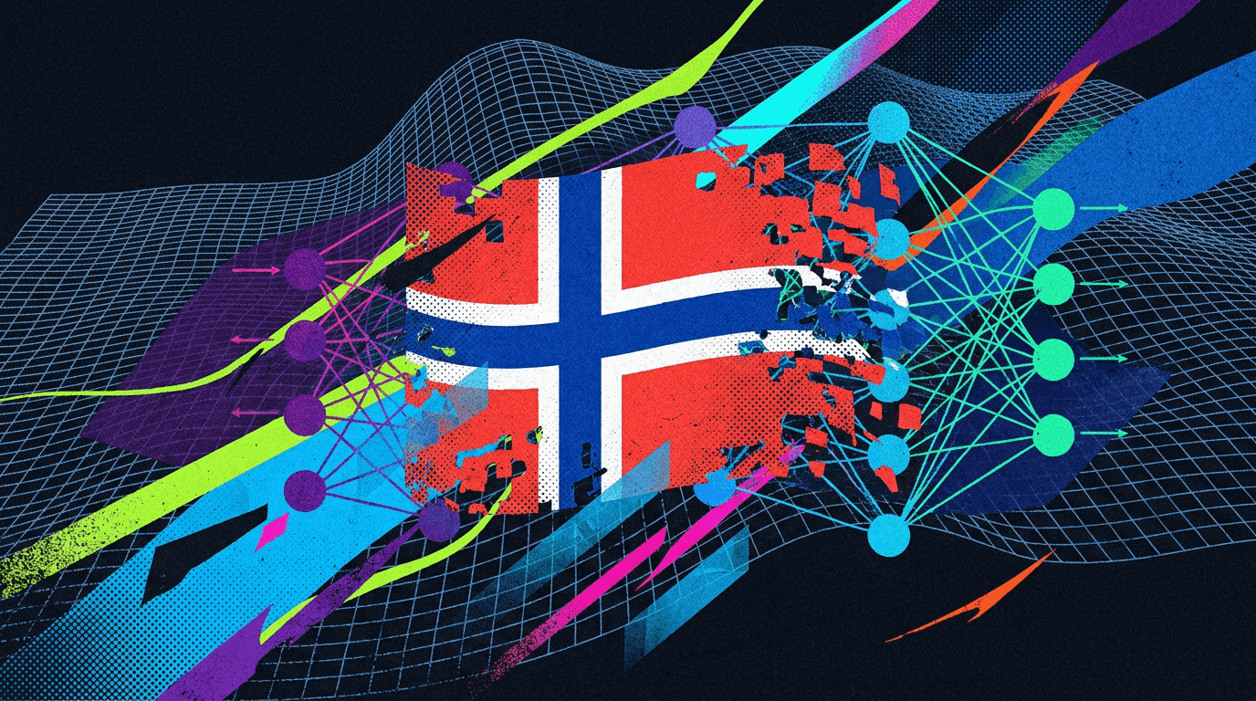 Norwegian flag on a school desk next to an open textbook and pencil, symbolizing the education policy change banning…