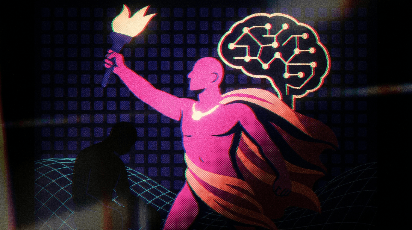 Jeff Bezos stands beside a glowing Prometheus logo on a dark tech stage, addressing investors at a funding event