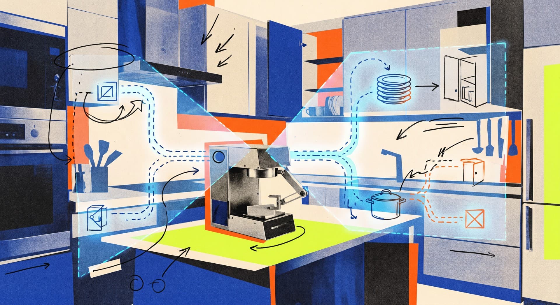 A robotic arm in a modern kitchen reaches toward a bunch of bananas on a countertop, surrounded by other fruit and…
