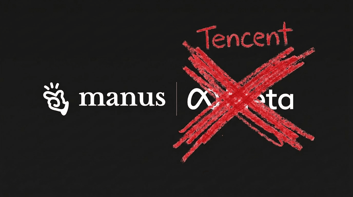 Two business executives shake hands in a modern office, with Tencent and Manus logos visible on a digital screen…
