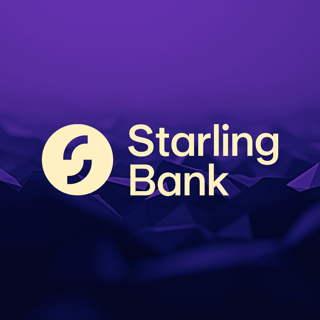 A person holds a smartphone displaying the Starling Bank app interface, with a glowing AI assistant icon in the…