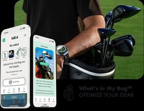 Golf pro shop counter with a tablet displaying an AI assistant interface, featuring Nick Faldo's voice prompt for…