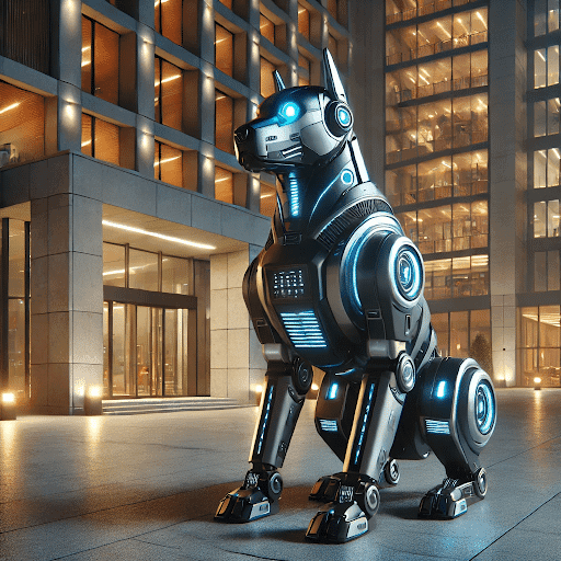 A four-legged robot dog with glowing blue sensors patrols a dark suburban street at night, its metallic frame…