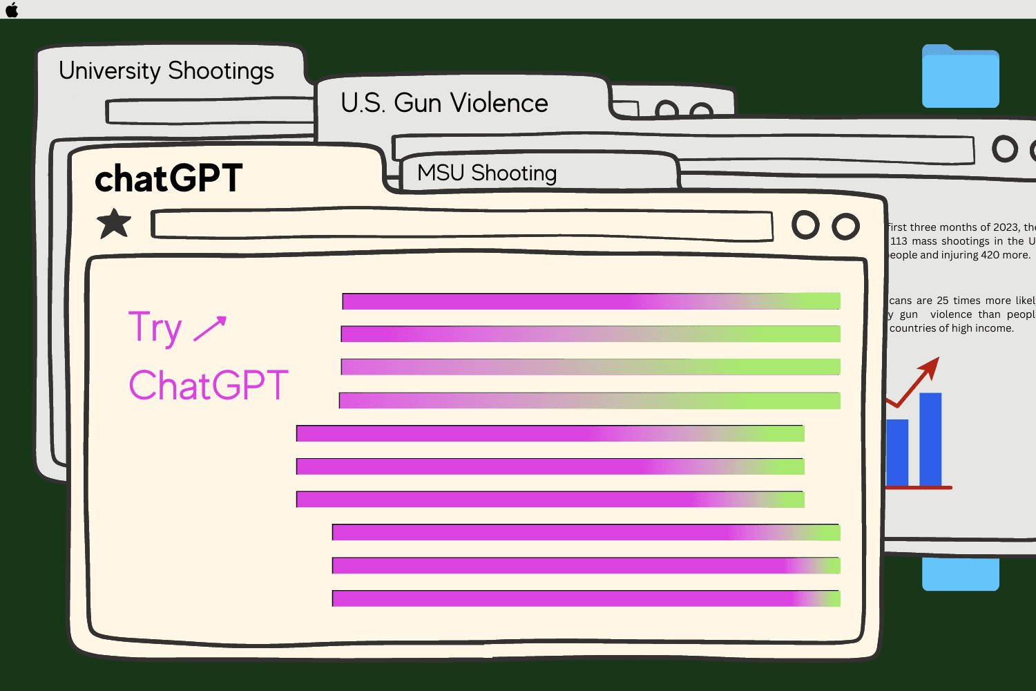 A person types a threatening message into a ChatGPT interface, while a red warning icon and a broken shield…
